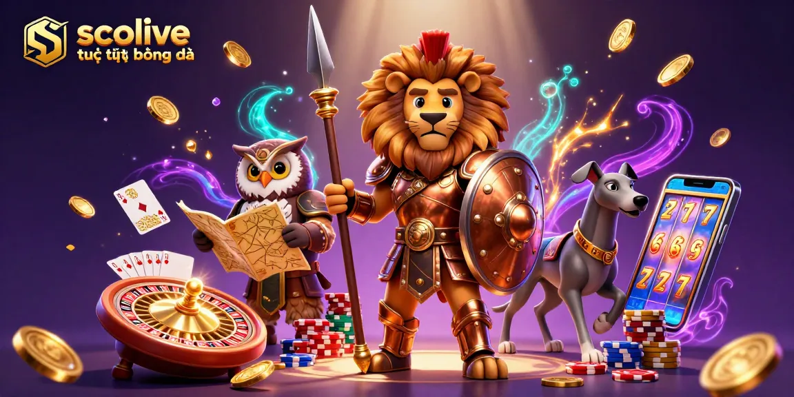 Socolive trực tiếp bóng đá showcases a vibrant 3D scene with a Spartan lion, owl strategist, and greyhound surrounded by dynamic casino elements.