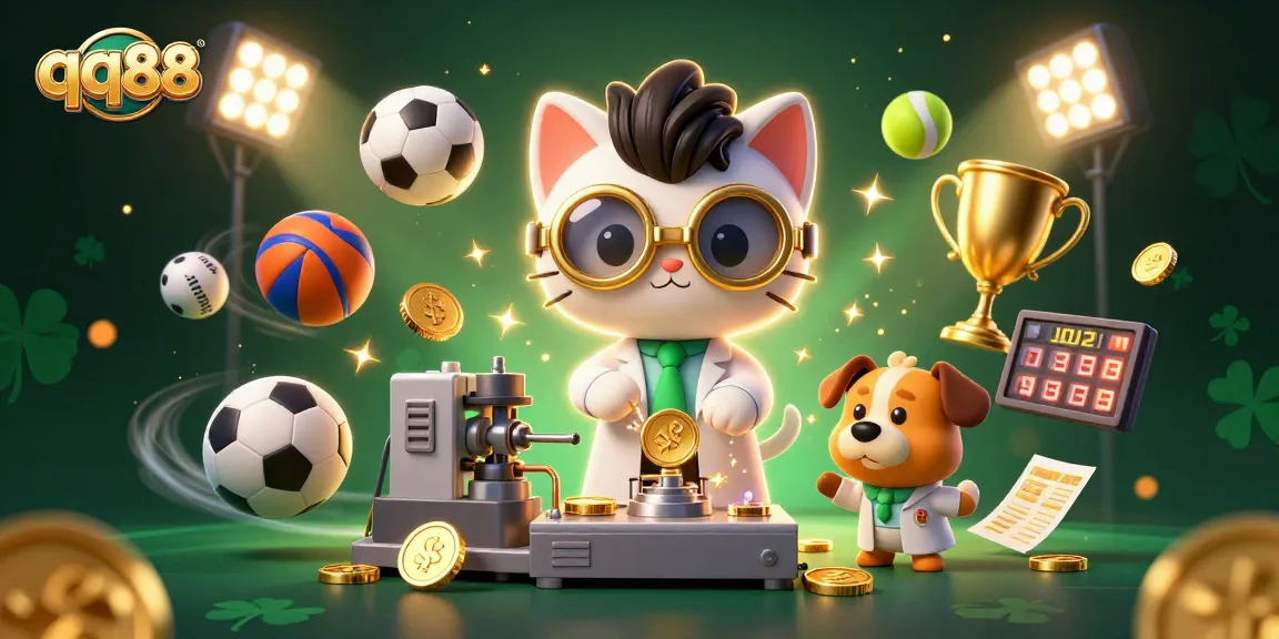 Bet big with qq88 casino; dynamic scene featuring betting slips, sports balls, and golden trophies.