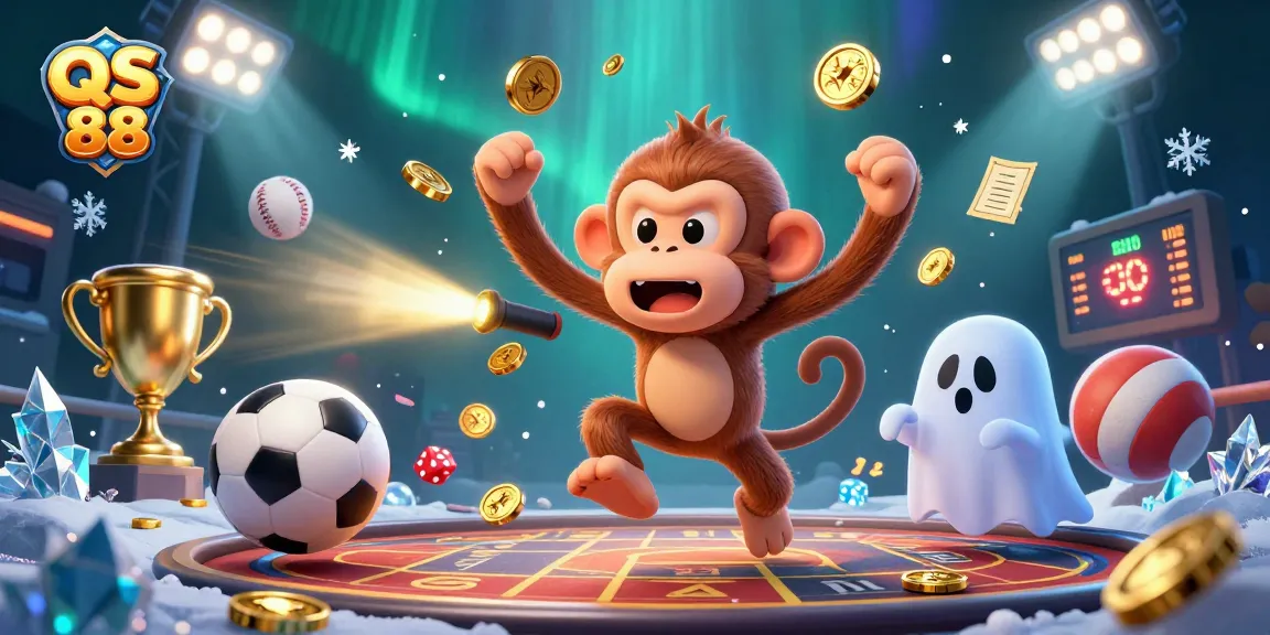 Experience QS 88 exhilarating gaming rewards with dynamic sports elements and a playful ghost-hunter scene.