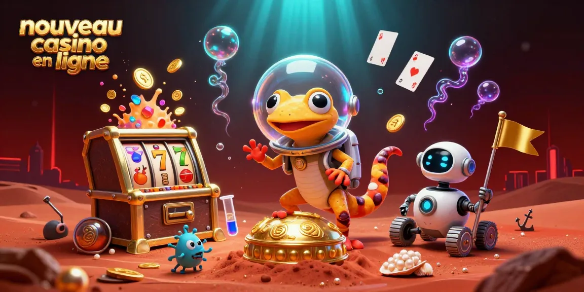 Illustration d'un nouveau casino en ligne où un gecko martien découvre un casino doré sur Mars.