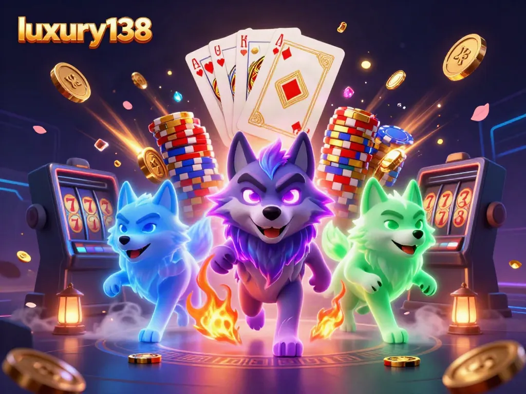 Experience the excitement of luxury138 with dynamic characters and vibrant casino elements in this engaging illustration.