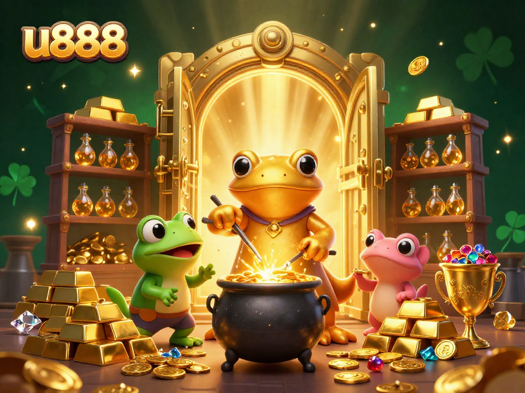 Join the excitement at u888 with a golden alchemist, bubbling cauldron, and treasures in a vibrant casino setting.