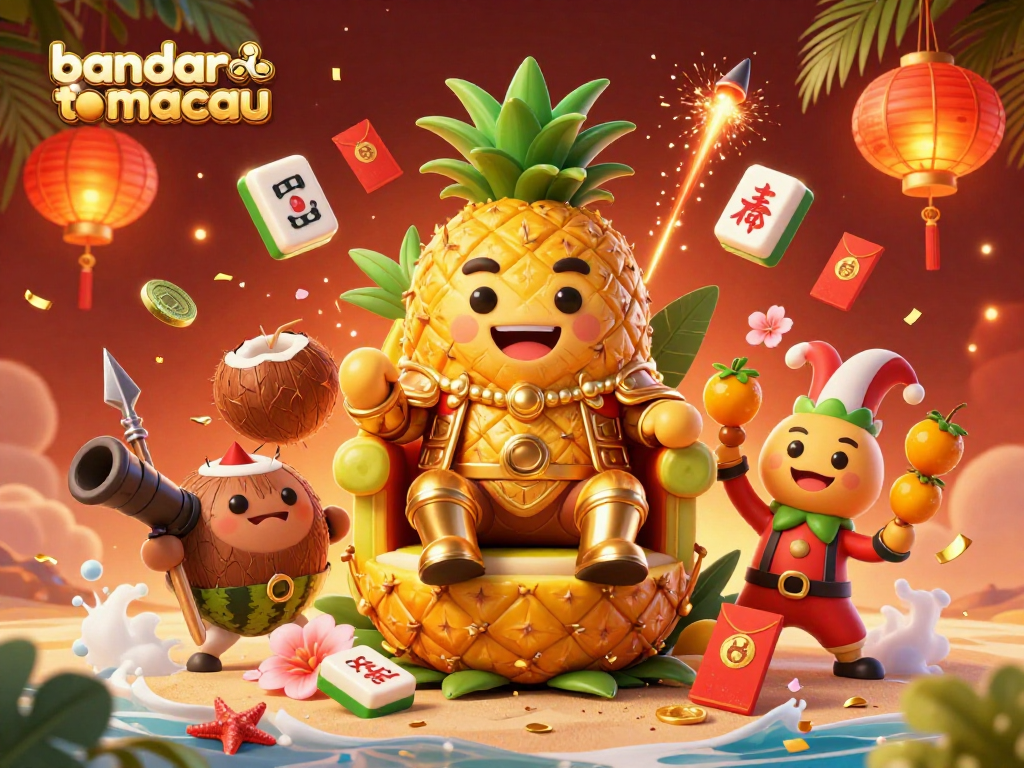 Join the fun at bandar toto macau with a lively 3D illustration showcasing a golden pineapple king surrounded by vibrant casino elements.