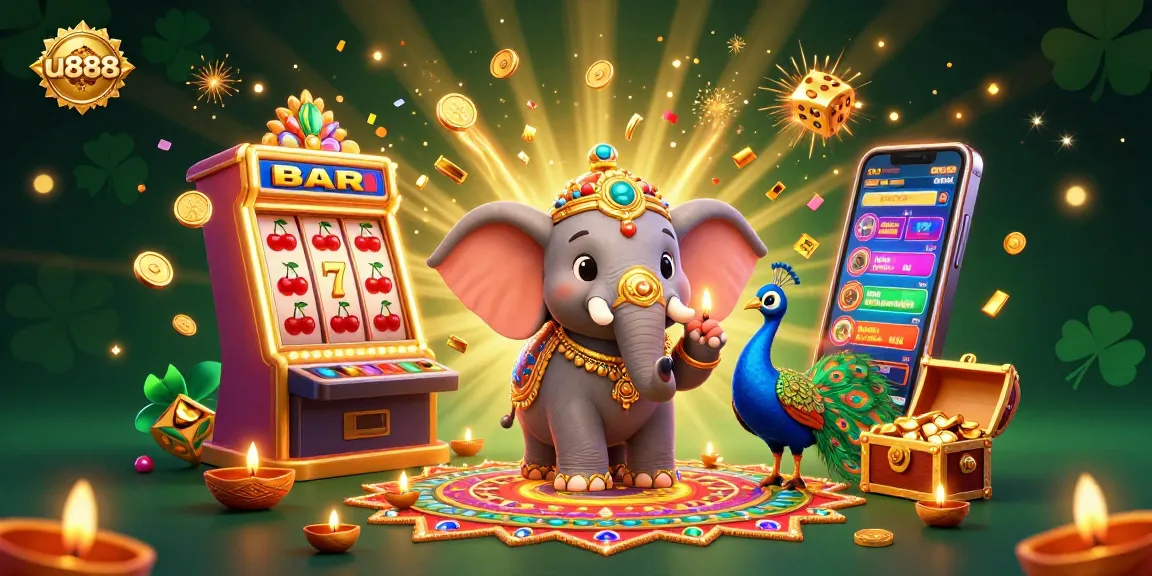 Experience the excitement of u888 with a stunning cartoon scene featuring a jackpot explosion and colorful casino elements.