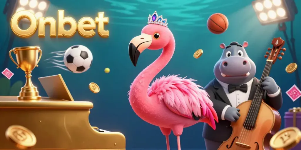 Experience Onbet's vibrant casino atmosphere with lively characters and dynamic gambling elements.