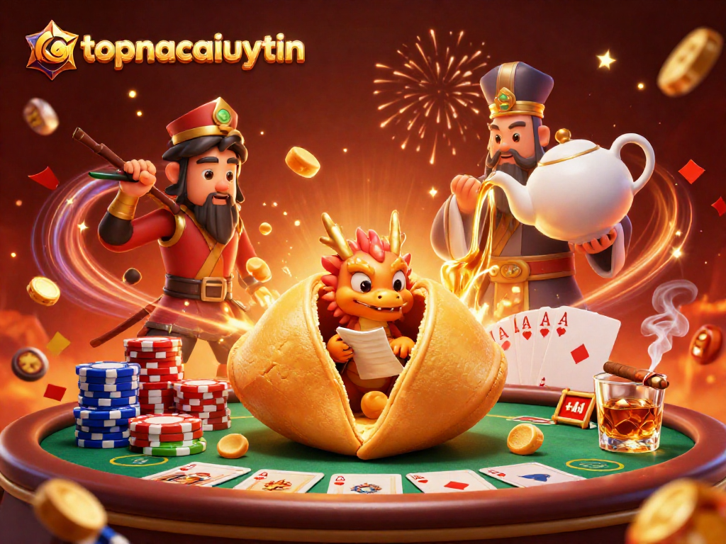 Engage with thrilling lucky dice adventures at topnhacaiuytinn; a dynamic scene of fortune cookies and poker action.
