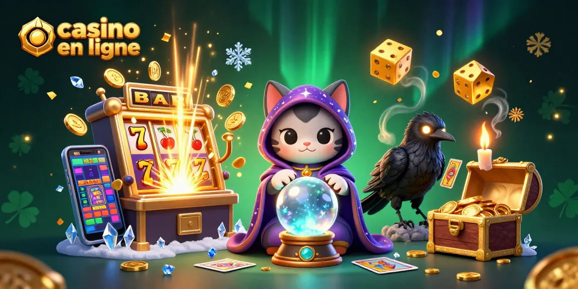Illustration animée captivante de casino en ligne avec des personnages mystiques, machines à sous et éclats d'or.