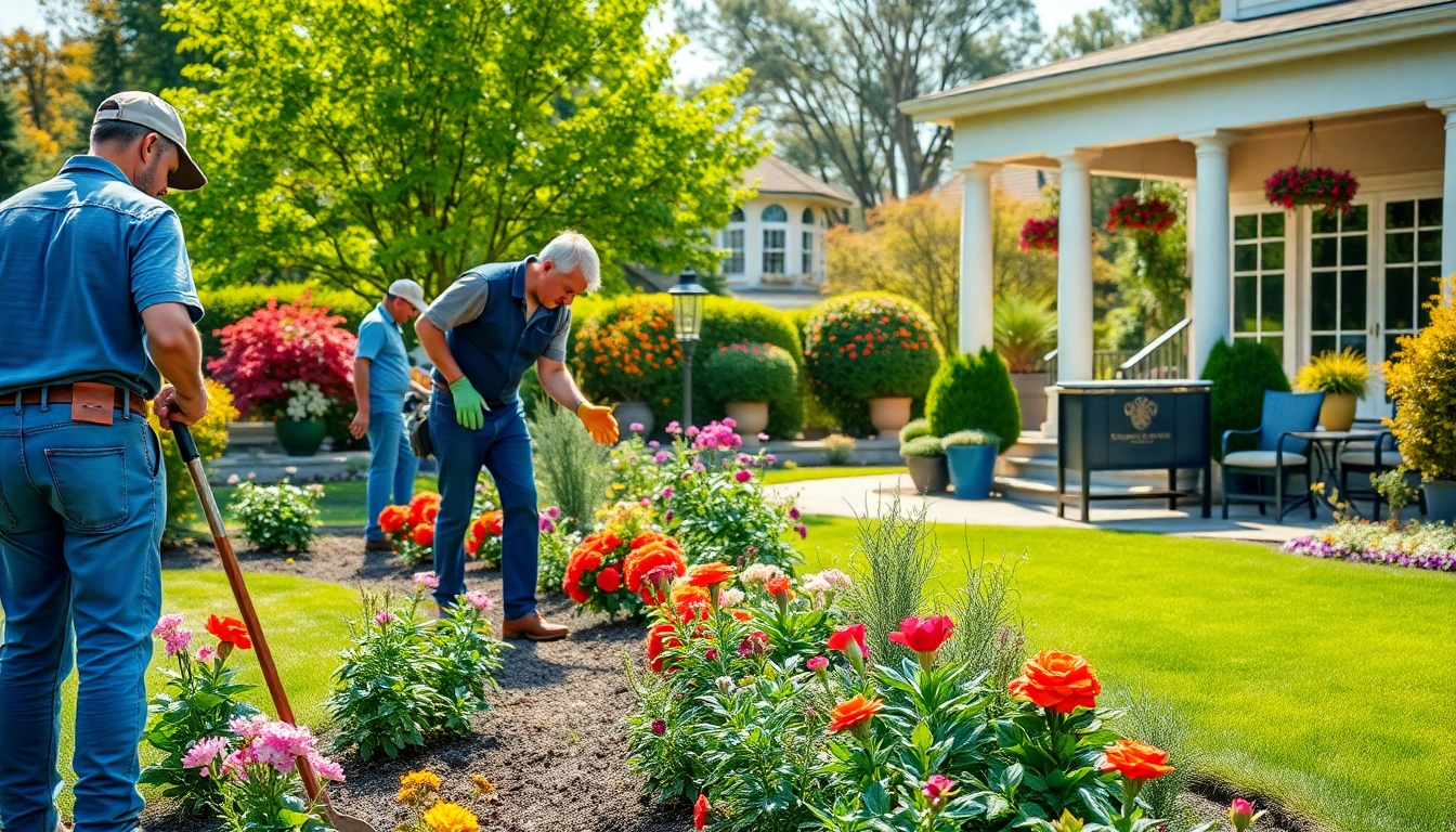 Experienced landscapers near me creating a vibrant garden full of flowers and fresh greenery.