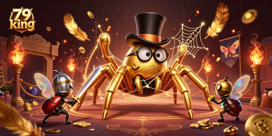 Experience the thrill of 79 king with a giant tarantula and beetle knight in this vibrant casino scene.