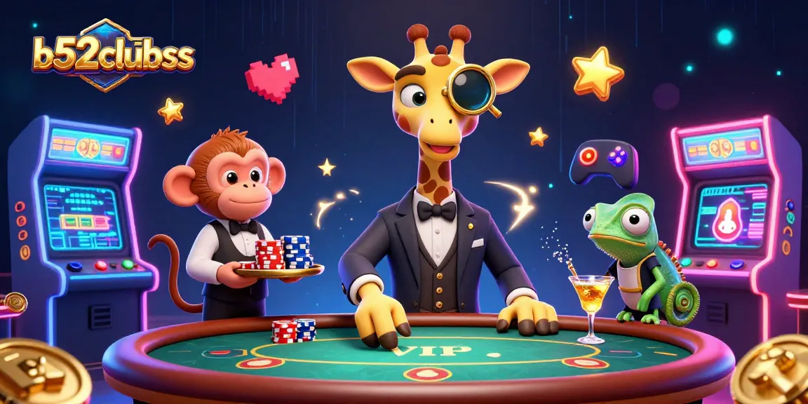 Engage with b52clubss as a giraffe embraces high-stakes poker amidst vibrant gaming elements.