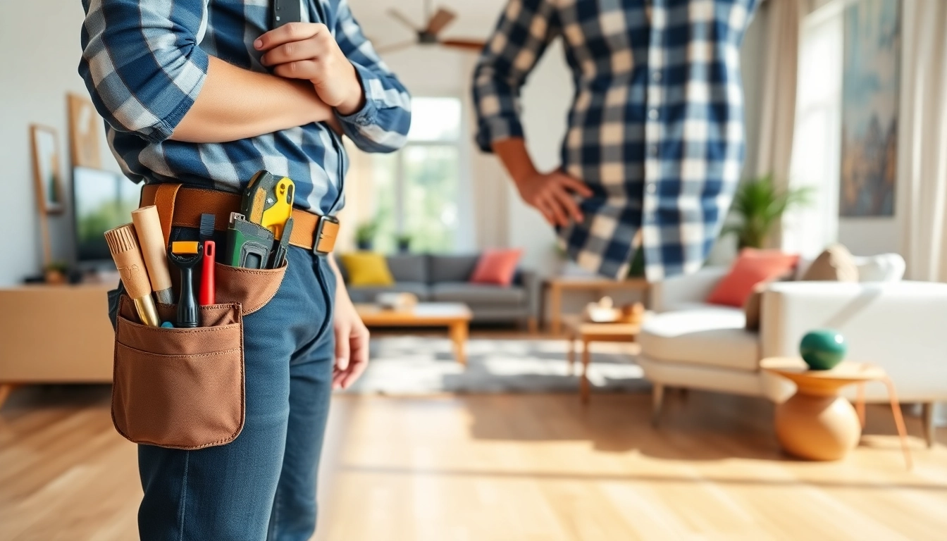 Home improvement contractor assessing a modern living room design filled with natural light.