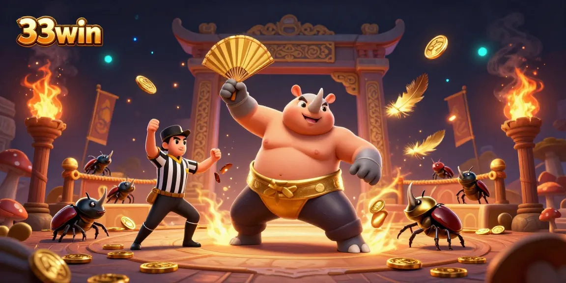 Experience the thrilling energy of 33win's casino with a beetle champion, referee, and dynamic elements.