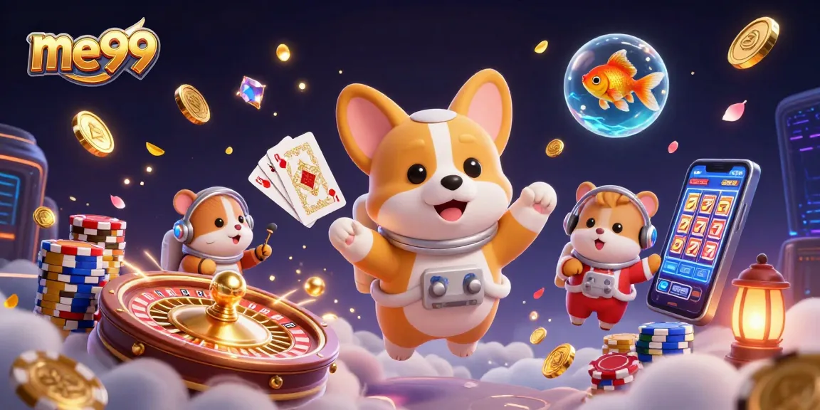 Experience the excitement of me99 casino with a playful 3D scene featuring an astronaut corgi and casino elements.
