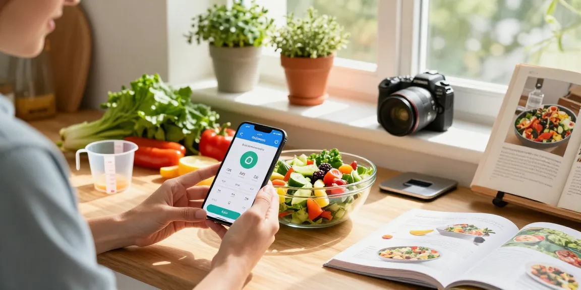 Using the best calorie tracker app to prepare a healthy meal with fresh ingredients in a bright kitchen.