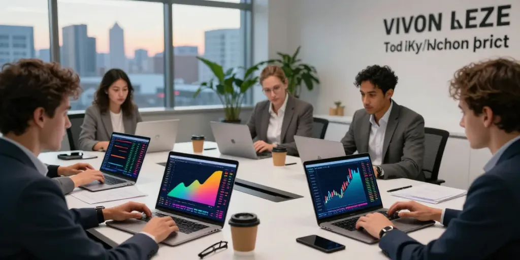 Traders collaborating at a modern workspace using TradingView for market analysis.