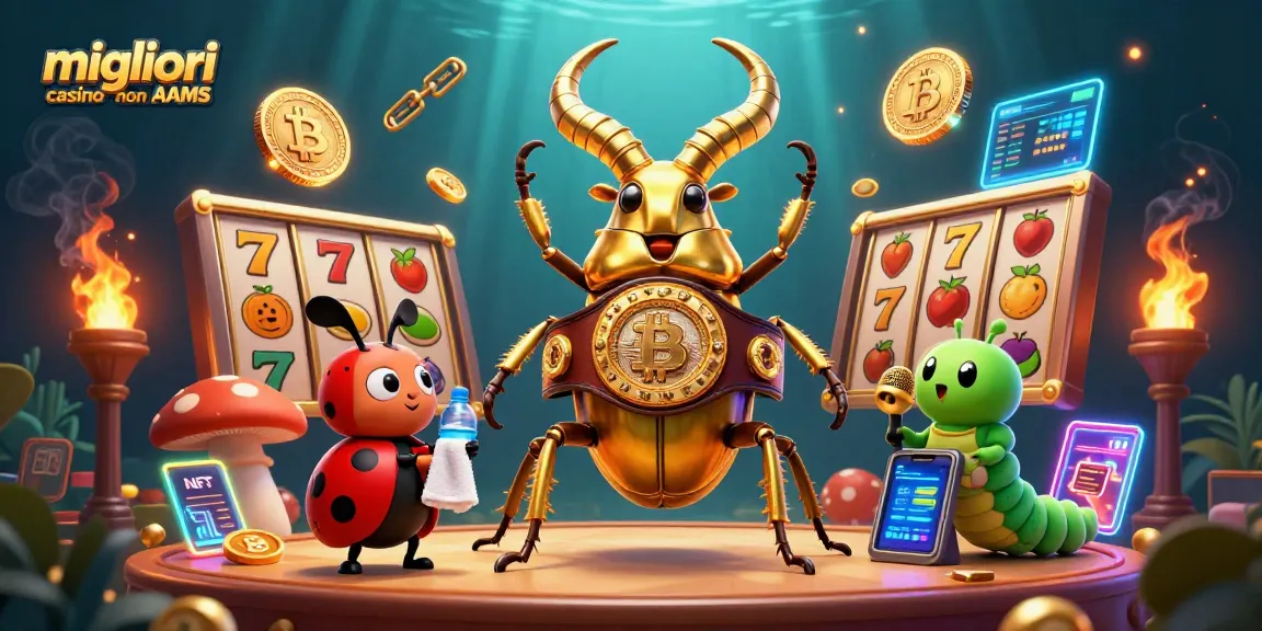 I migliori casino non AAMS presentano un dinamico incontro tra uno scarabeo gigante dorato e i simboli d'azzardo, tra cui slot e monete crittografiche.