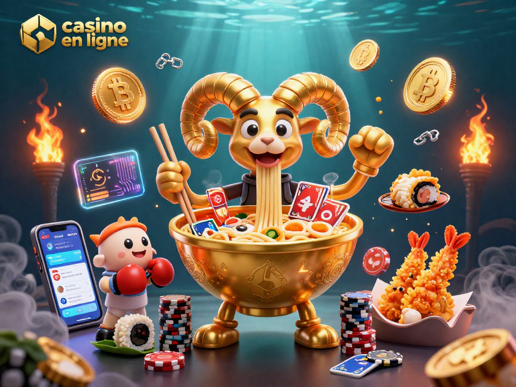 Casino en ligne : illustration d'un ramen géant distribuant des cartes parmi des éléments de jeu colorés.
