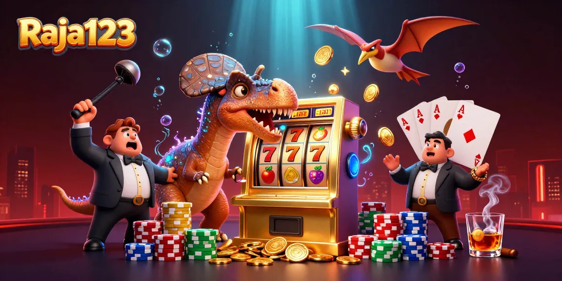 Raja123 slots scene with dinosaur characters winning coins and slot machines in an energetic casino atmosphere.