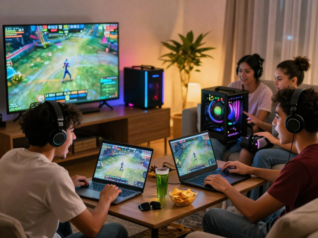 Friends enjoying a thrilling gaming session with Bola88 on laptops in a vibrant living room.