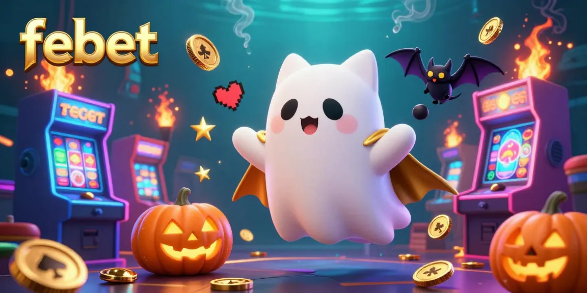Play exciting games at febet with a friendly ghost cat and vampire bat in a vibrant casino scene.