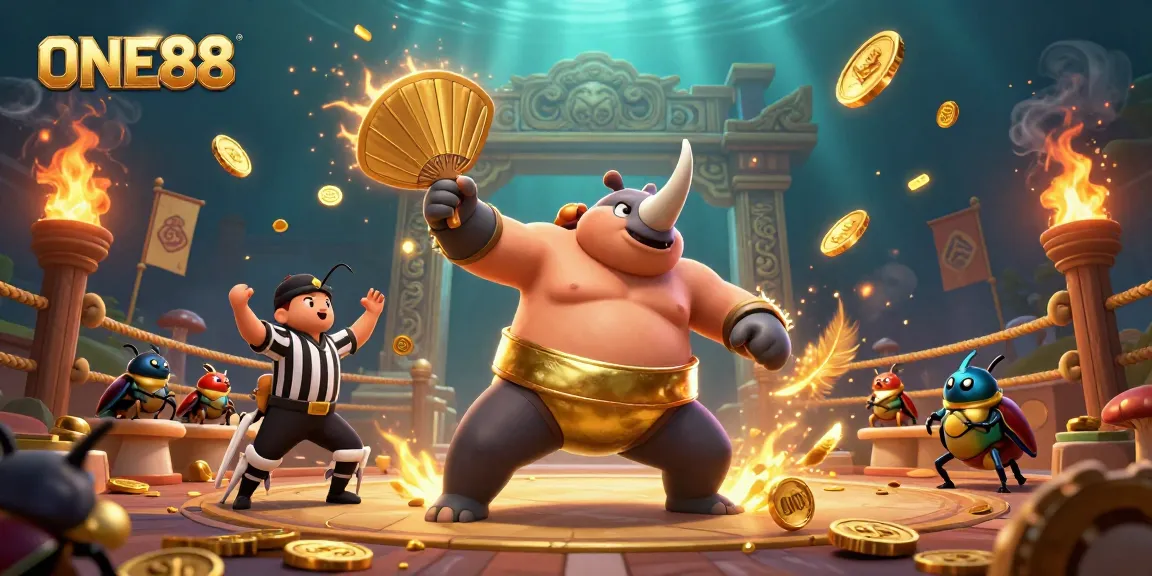 ONE88 features a sumo champion beetle amidst golden coins in a vibrant casino arena.