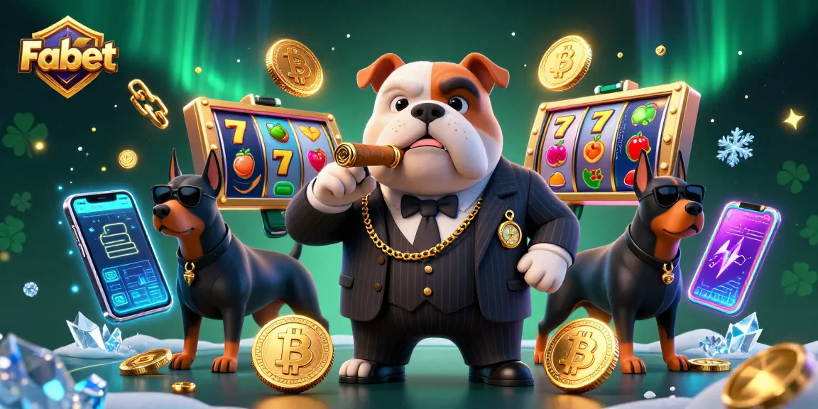 Experience Fabet casino thrills with a cartoon mafia bulldog and Doberman bodyguards amidst vibrant slot reels.