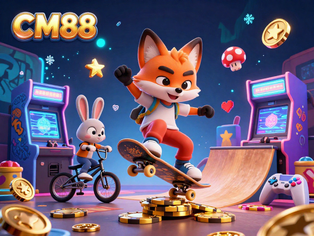 Experience the thrill of CM88 with a vibrant 3D casino scene featuring a fox and rabbit in action.
