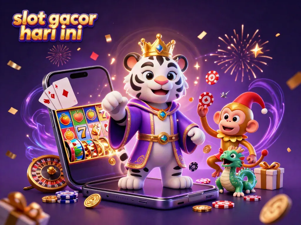 Ilustrasi 3D menampilkan slot gacor hari ini dengan macan putih dan monyet emas yang bermain chip poker.