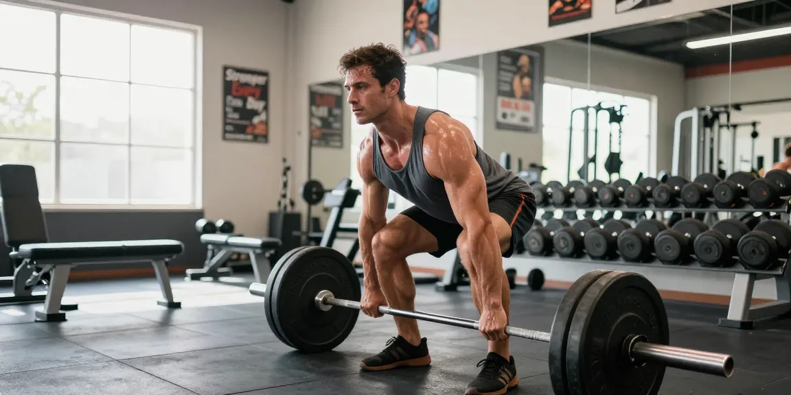 Bodybuilder lifting weights at a gym, showcasing dedication to fitness near the Somatrop Steroid Shop.