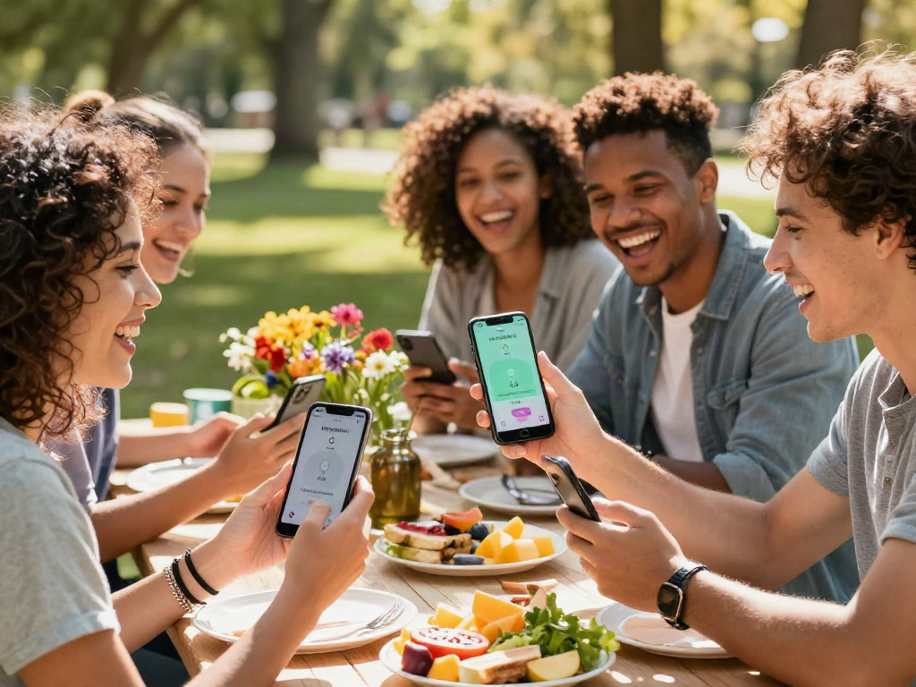 Group of friends having fun using an app to check how old do I look in a sunny park setting.