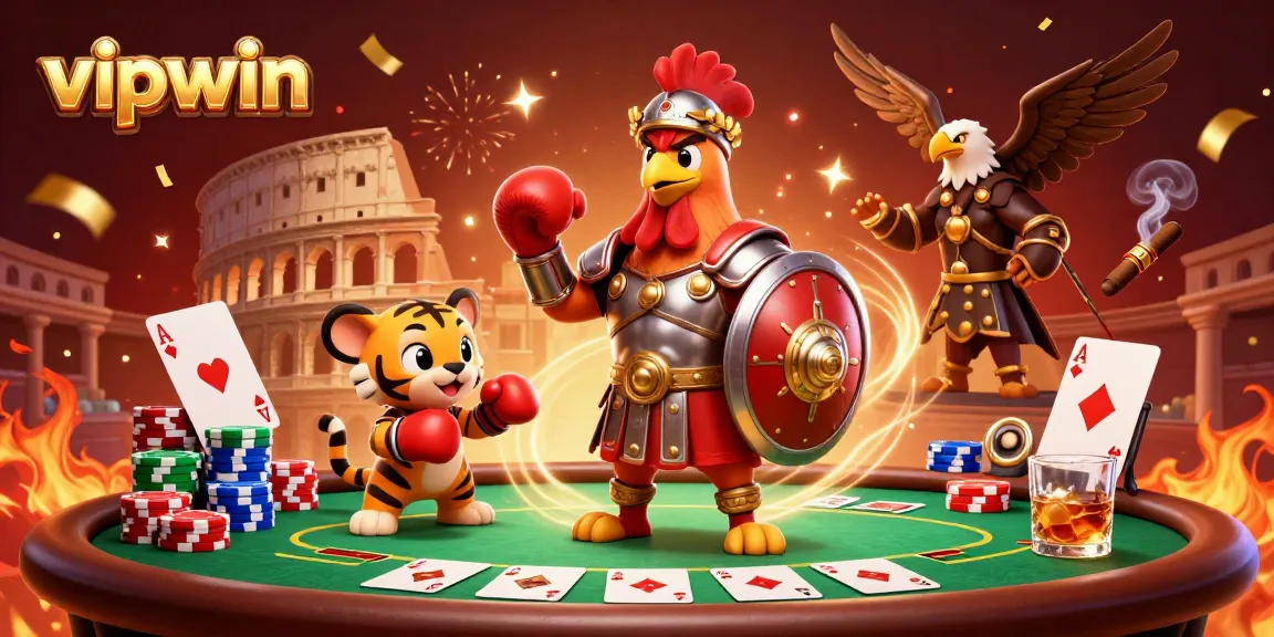 Join the thrilling action at vipwin with a cartoon gladiator rooster in an exhilarating poker scene.