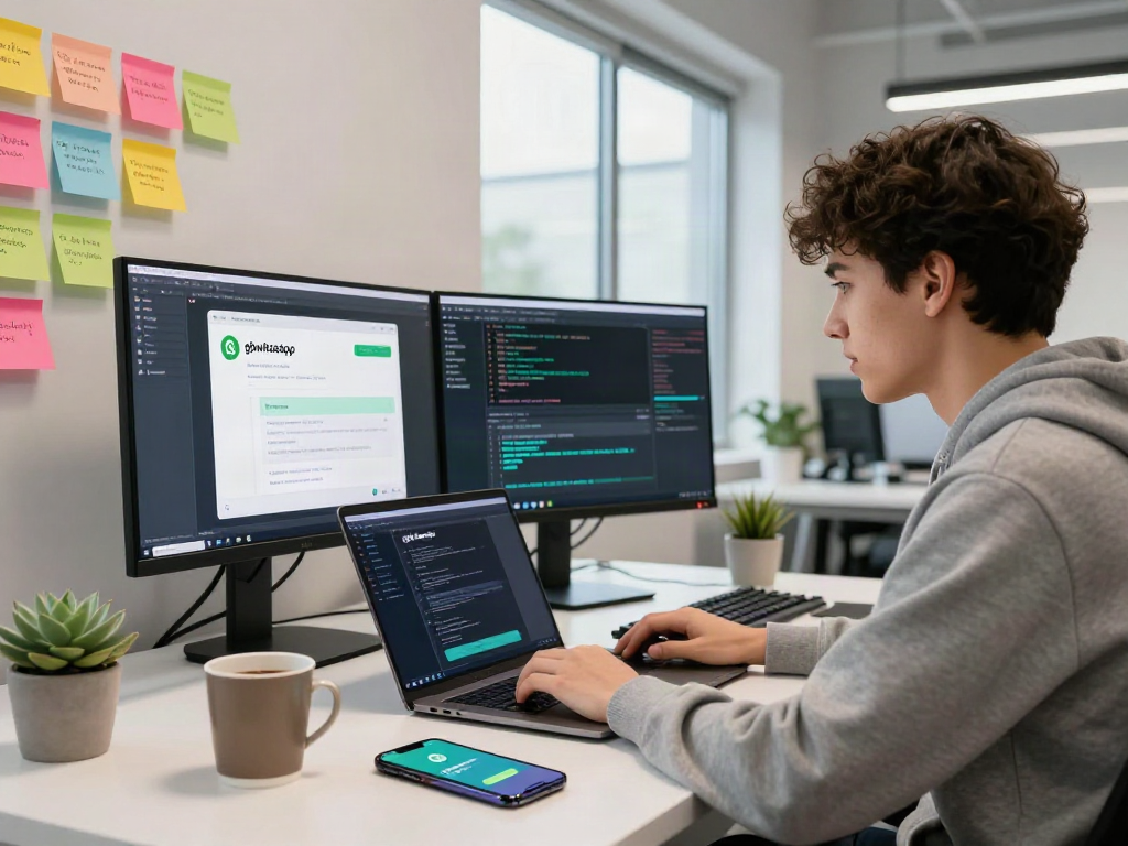 Developer working on gbwhatsapp app designs in a modern office setting, showcasing coding screens and vibrant workspace elements.