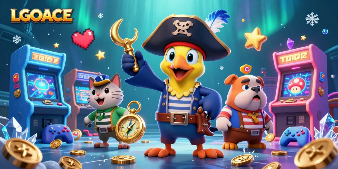 LGOACE showcases thrilling casino adventure with a pirate captain, bulldog, and cat amid vibrant gaming elements.