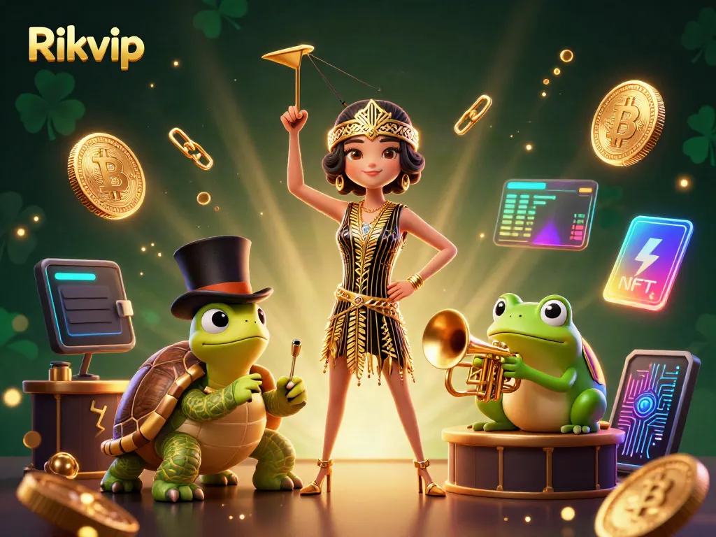 Experience the excitement of Rikvip with vibrant characters and crypto-themed elements in a 3D casino illustration.