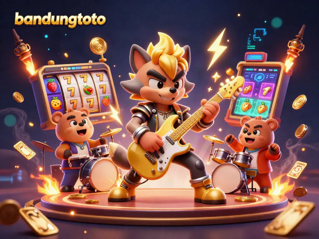 Experience the excitement of bandungtoto with rock star characters performing on a vibrant casino stage.