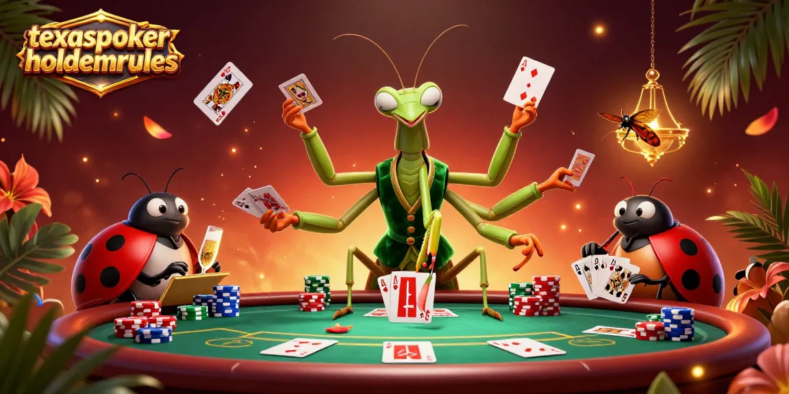 texaspokerholdemrules showcases a vibrant poker scene featuring a giant mantis card sharp, ladybug pit boss, and dynamic casino elements.