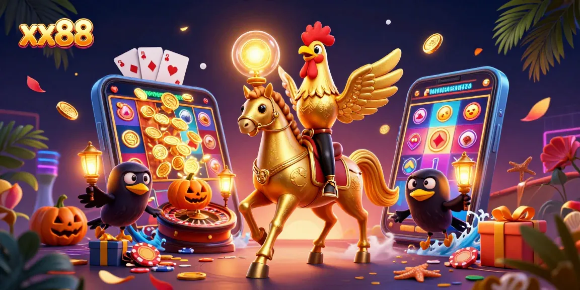 Experience the excitement of xx88 slots with a golden rooster and friends in a vibrant casino.
