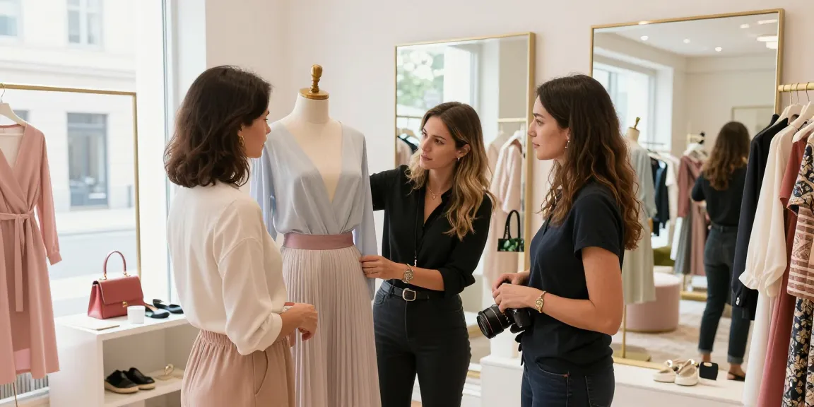 Consulente d'immagine che aiuta una cliente a scegliere un abito alla moda in boutique raffinata.