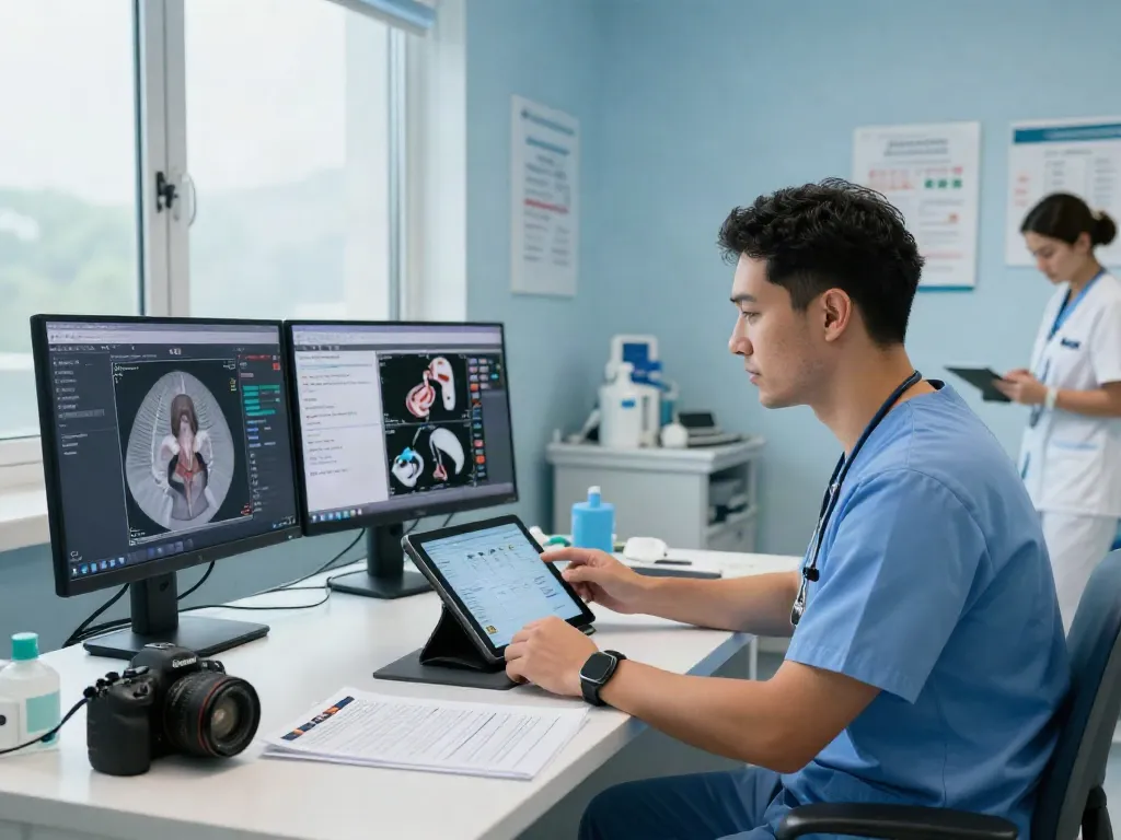Telestroke treatment consultation with a doctor and remote specialist using telemedicine.