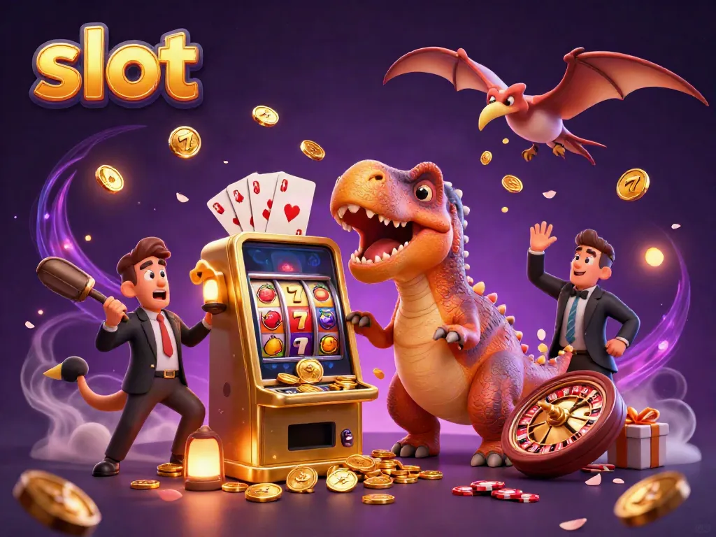 Experience jackpot excitement with slot-themed 3D art featuring dynamic characters and casino elements.