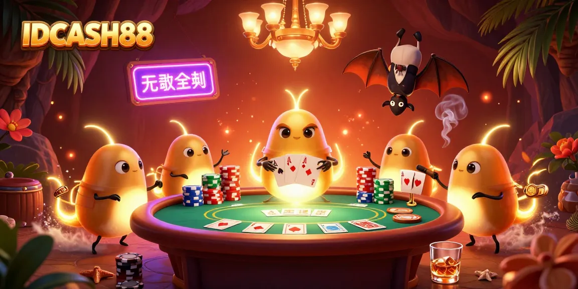 Experience the vibrant IDCASH88 casino with glowing characters lighting up thrilling poker action.