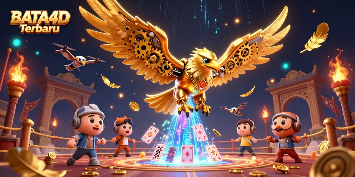 BATA4D Terbaru reveals a thrilling dive through holographic cards by a cybernetic eagle, surrounded by golden elements and epic casino atmosphere.