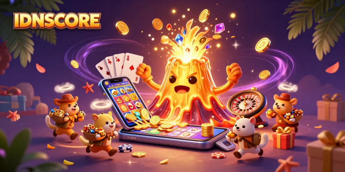 Experience the excitement of IDNSCORE with a 3D volcano erupting coins and vibrant slot game elements.