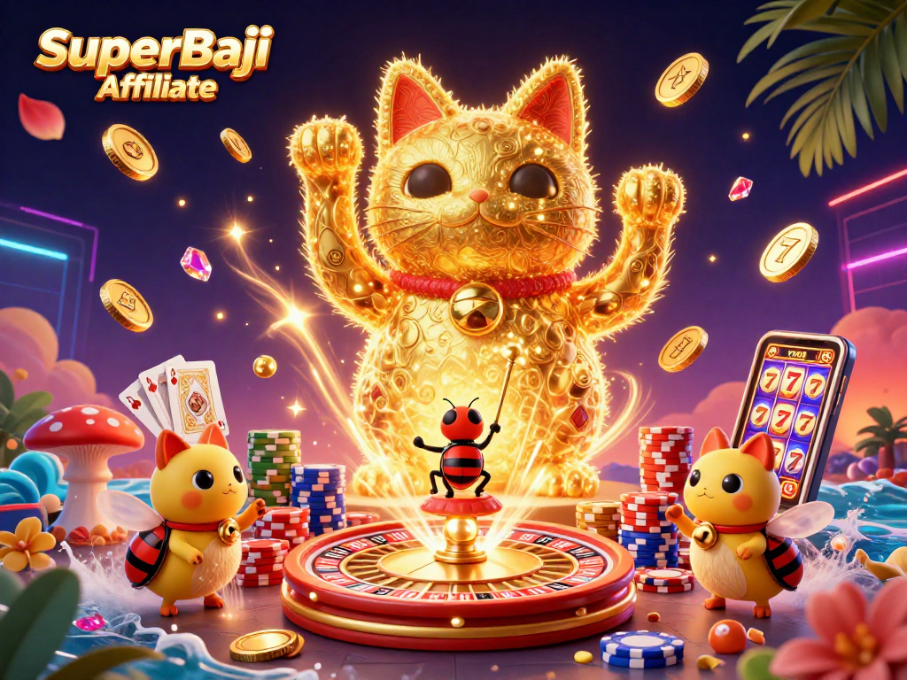 Experience the excitement at SuperBaji Affiliate with a vibrant 3D illustration showcasing a lucky cat and dynamic casino symbols.
