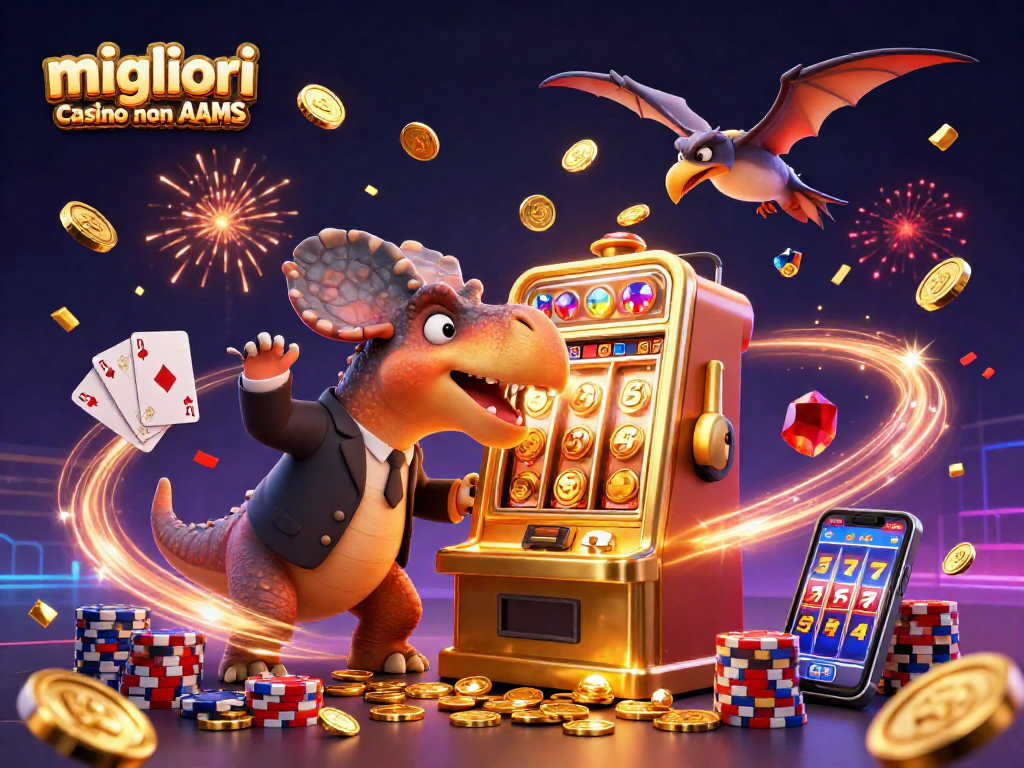 Scopri i migliori casino non AAMS con un pachicefalo che colpisce una slot machine e fa piovere monete d'oro.