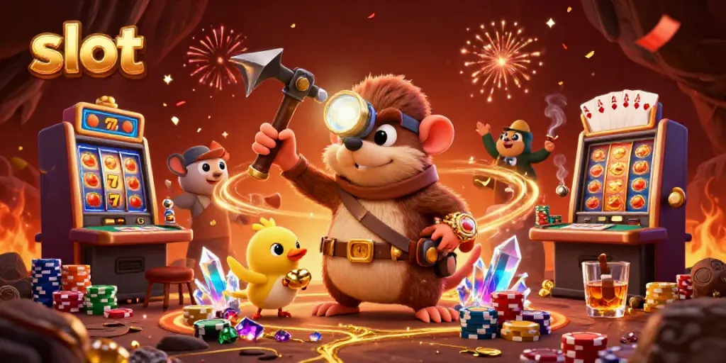 Slot mesin berwarna-warni dengan karakter lucu menggali harta dalam suasana meriah.