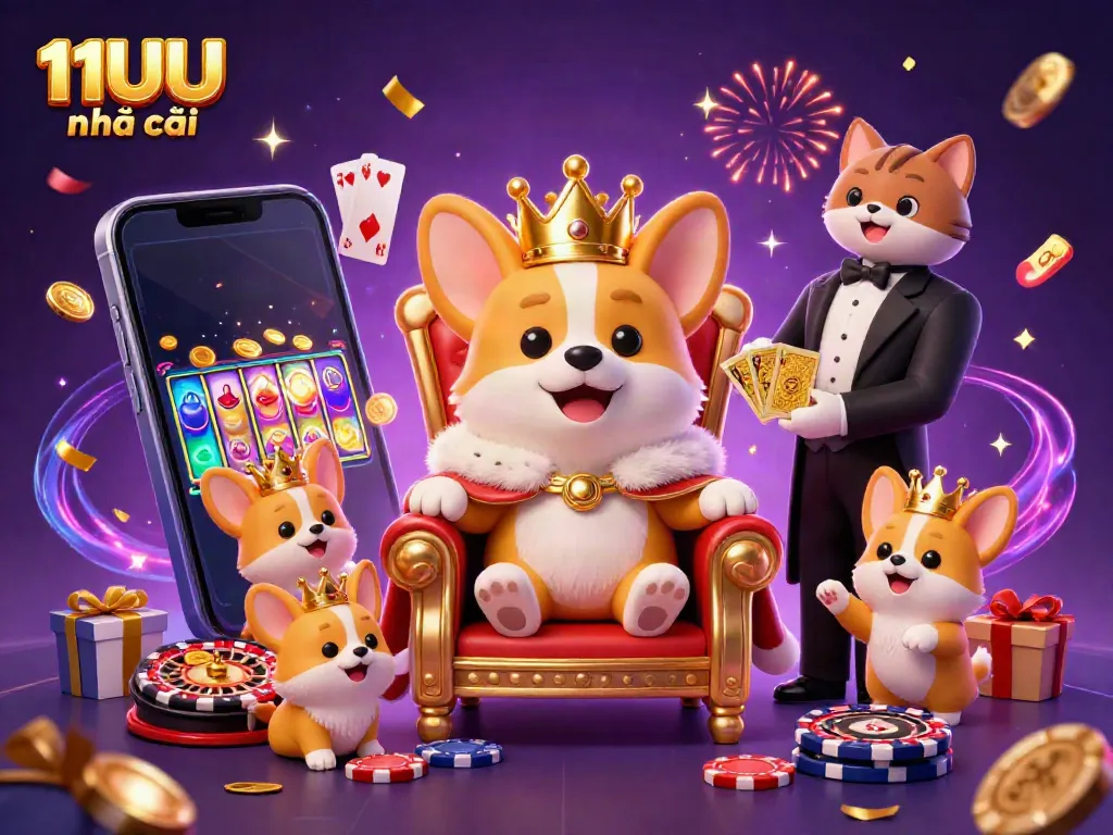 Engaging 3D illustration celebrating the vibrant world of 11UU nhà cái, featuring a royal corgi on poker chips amidst dynamic gaming elements.
