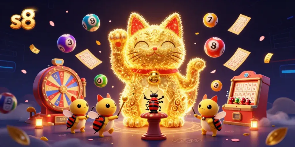 Win big with the S8 lucky cat waving and surrounded by vibrant lottery and casino activities.