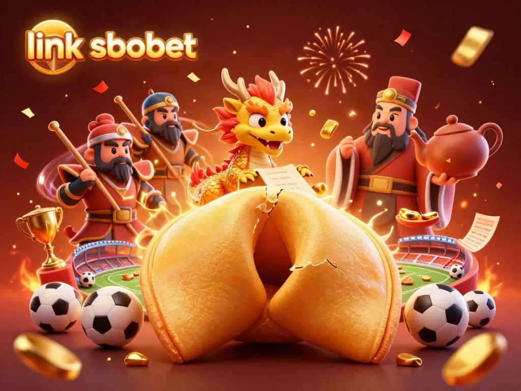 Experience thrilling action with link sbobet as a wise dragon and warriors guard a fortune cookie amidst festive sports betting elements.