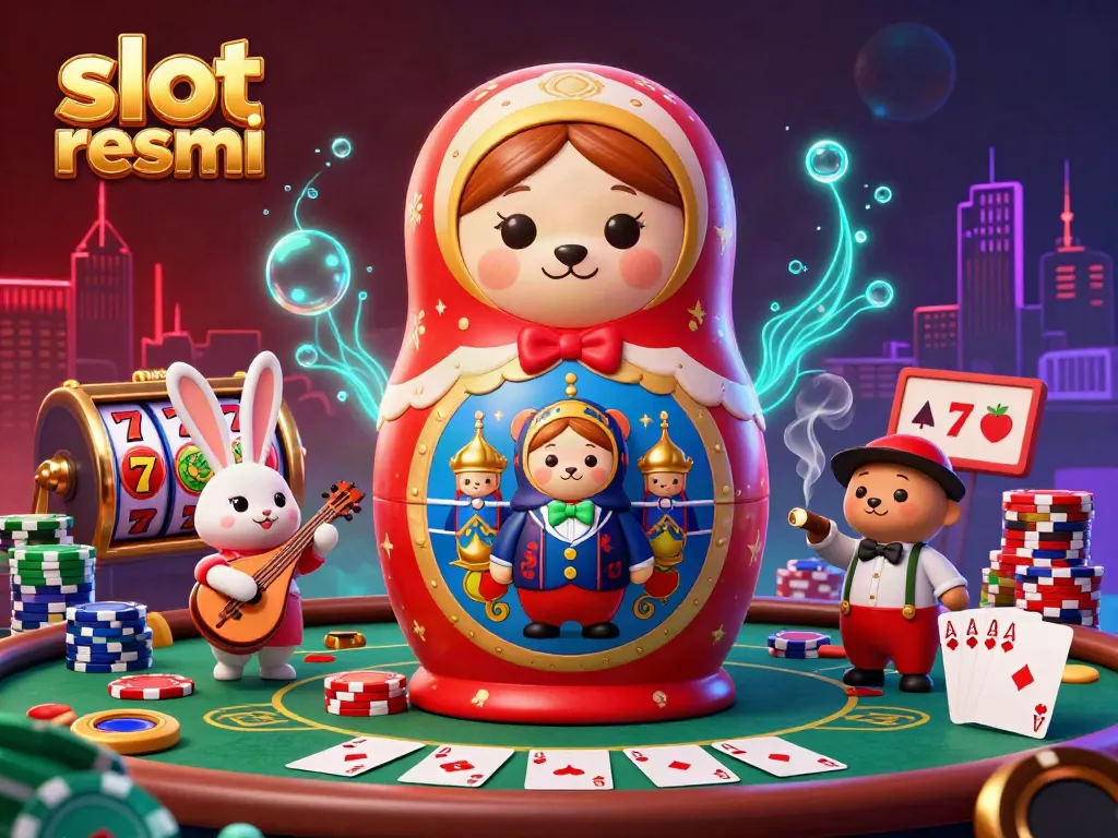 Engaging slot resmi illustration with Matryoshka bear dealers, vibrant casino elements, and stunning 3D art.